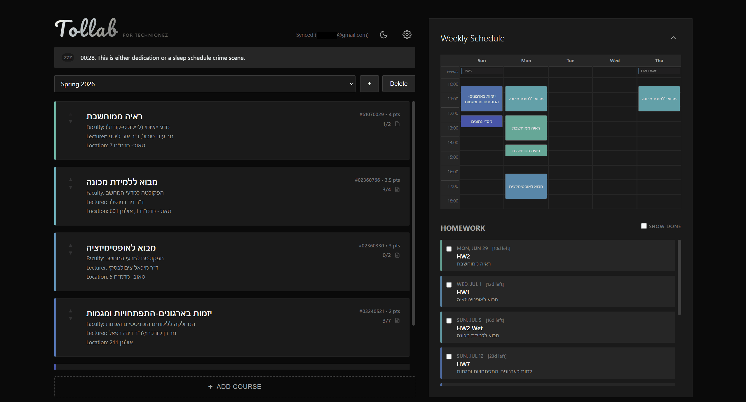 The Tollab dashboard with a weekly schedule and course list