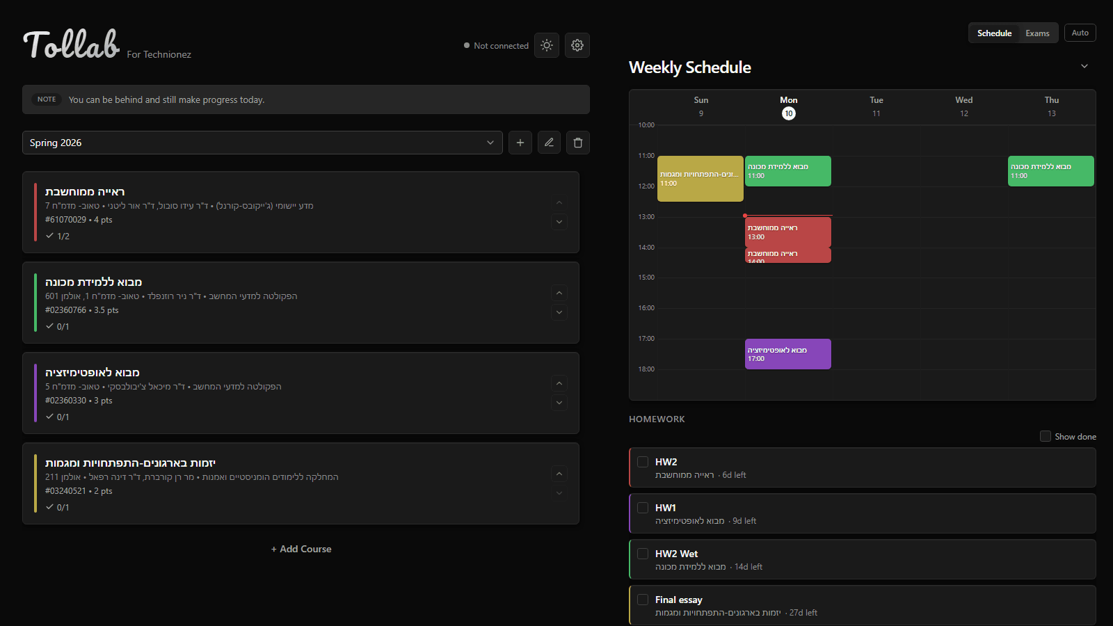 The Tollab dashboard with a weekly schedule and course list