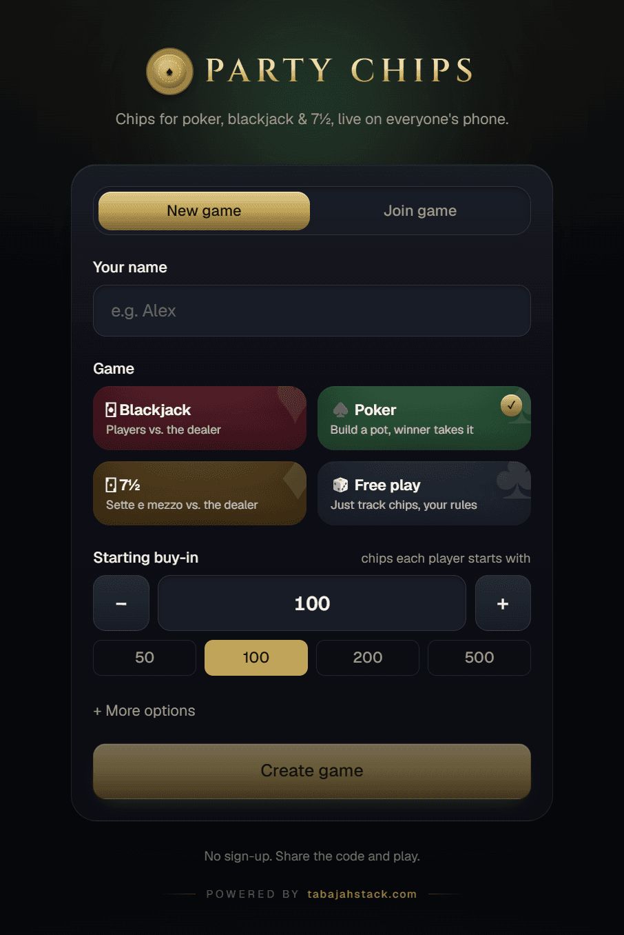 Setting up a new game in Party Chips on a phone