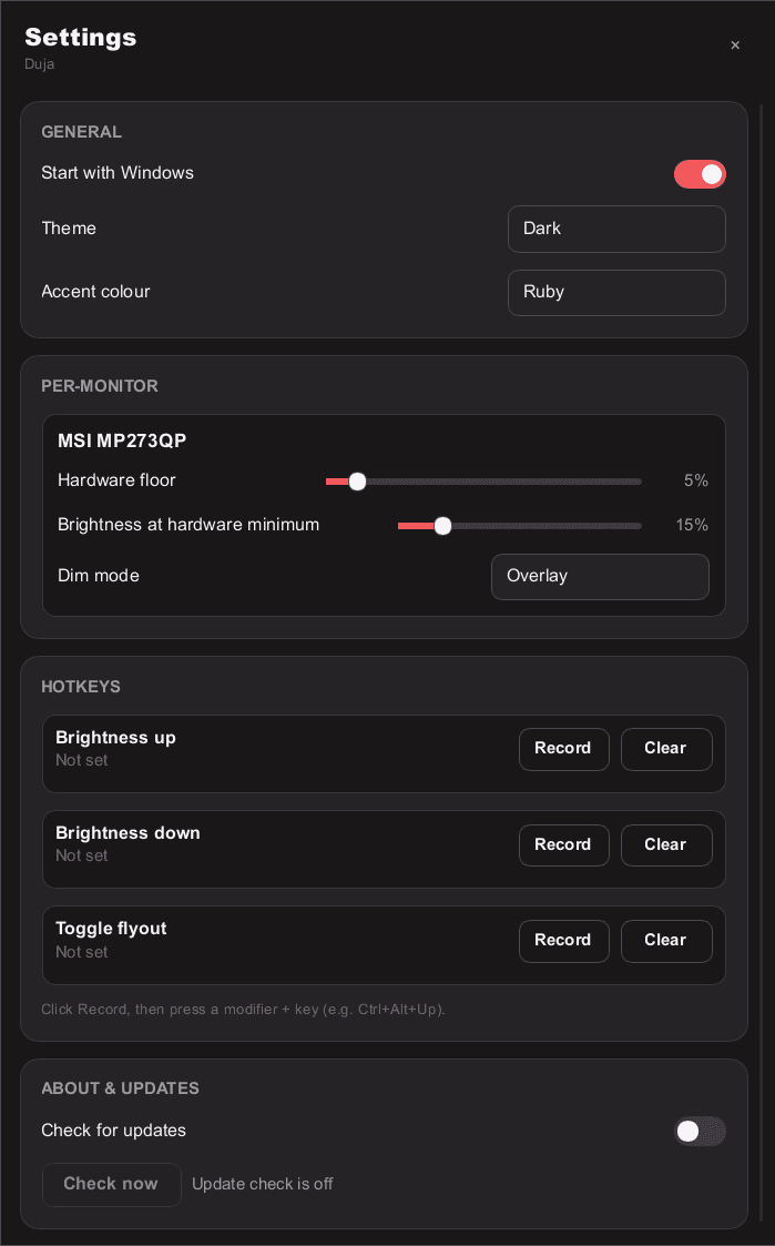Duja settings, showing per-monitor tuning, hotkeys, and theme options